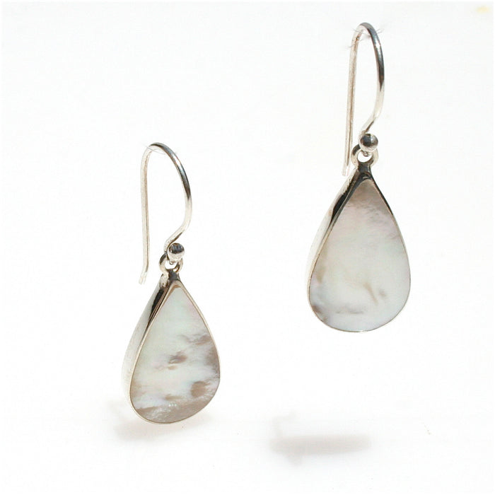 Mother of pearl dew drop shaped large hook earrings silver