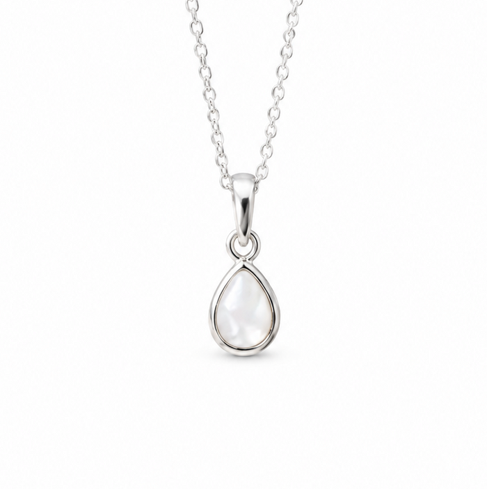 Dew Drop Mother of Pearl Pendant in sterling silver featuring a genuine mother of pearl teardrop gemstone on a fine silver chain.