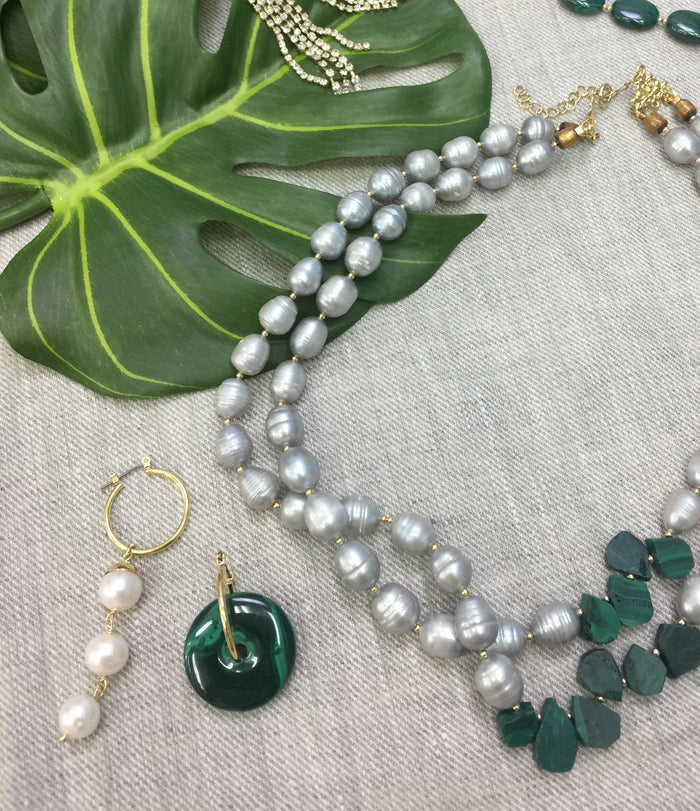Donut Shaped Malachite & Freshwater Pearls Asymmetric Earrings CE033 - FARRA