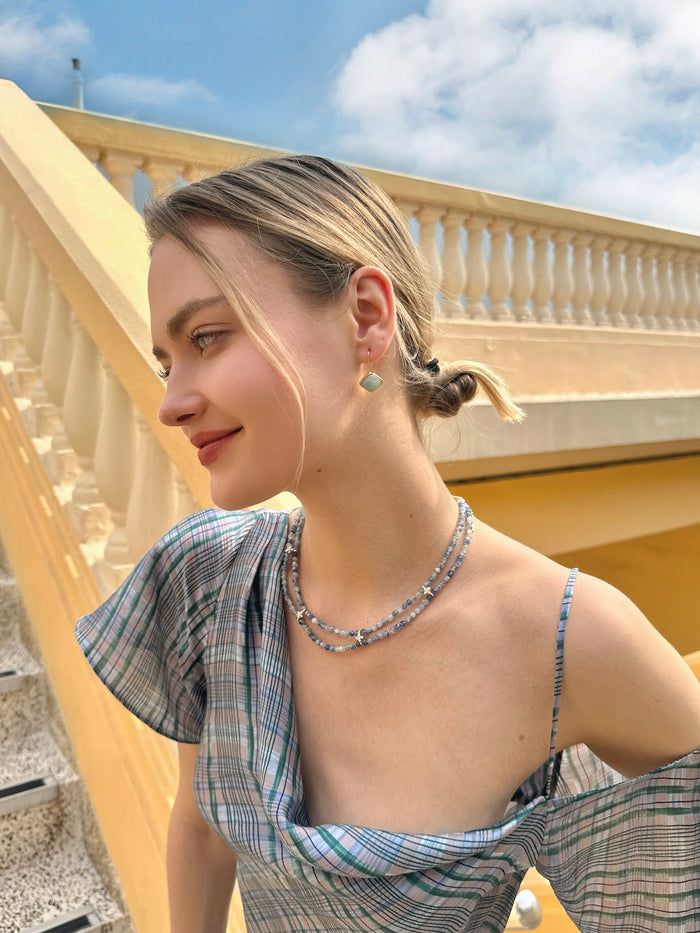 Double Layers Faceted Blue Kyanite with Zircon Stone Collar Necklace LN030 - FARRA