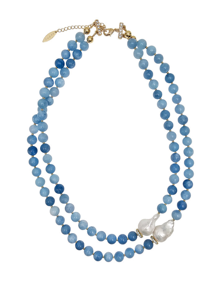 Double Layers Round Aquamarine With Baroque Pearls Necklace PN026