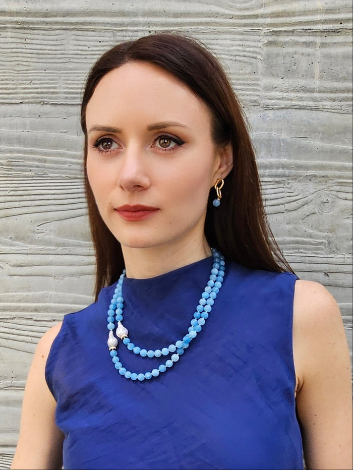 Double Layers Round Aquamarine With Baroque Pearls Necklace PN026