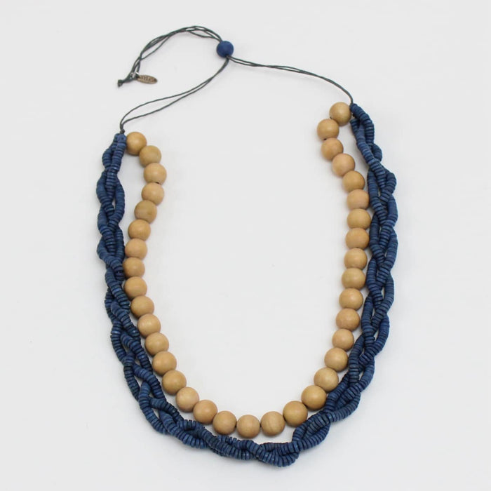 Double-Strand Blue and Yellow Wood Necklace by Sylca - Sylca Designs - Chunky Jewelry