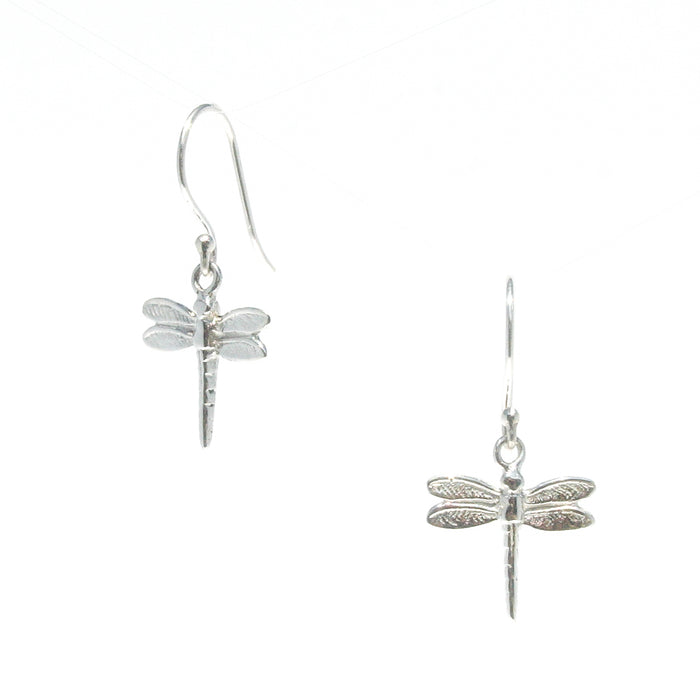 A pair of sterling silver hook earrings with dragonfly designs.