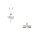 A pair of sterling silver hook earrings with dragonfly designs.