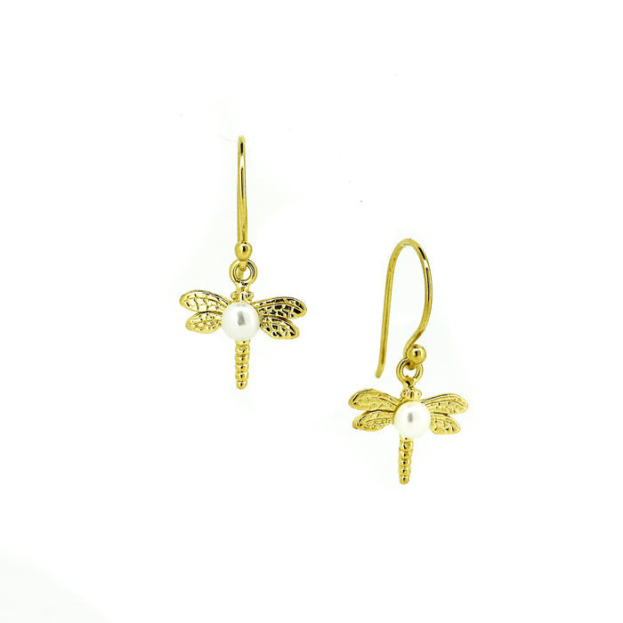 Gold Dragonfly earrings with a pearl