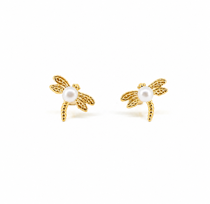 dainty gold dragonfly studs with pearl