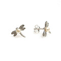 A pair of sterling silver dragonfly stud earrings with a freshwater pearl positioned in the center of each dragonfly's body.