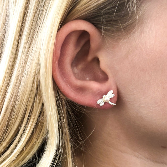 sterling silver dragonfly earrings with dainty pearl