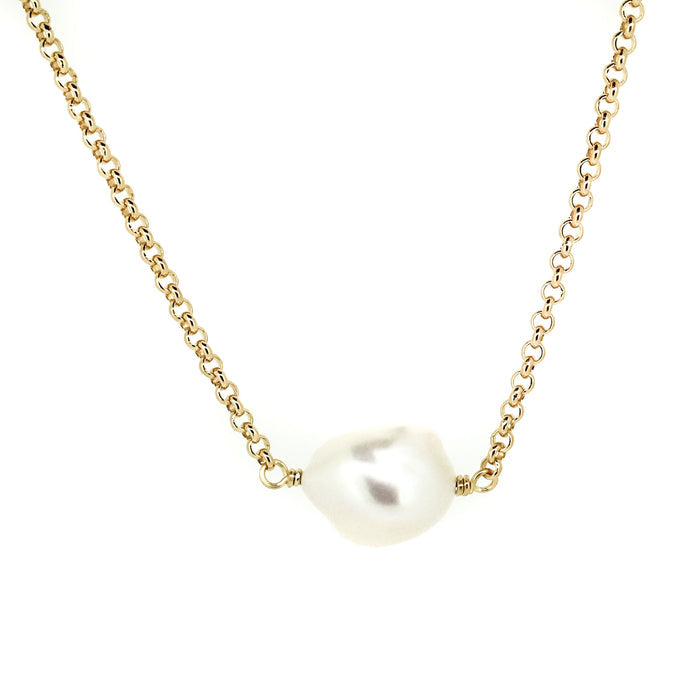 A gold vermeil chain necklace with a single Keshi pearl pendant.