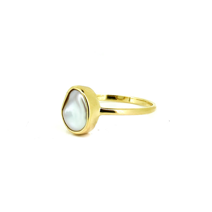 Gold vermeil keshi pearl ring 9mm freshwater pearl bezel set worn on hand Australian jewellery