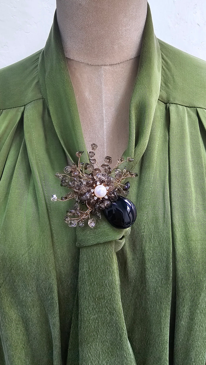 Elegant Black Rutilated Quartz Floral Brooch QP007