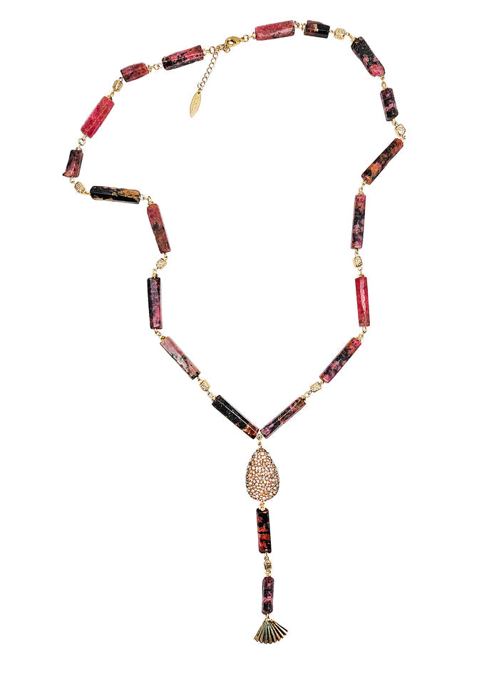 Elegant Y-Shaped Red Rhodonite Necklace with Tassel Accents