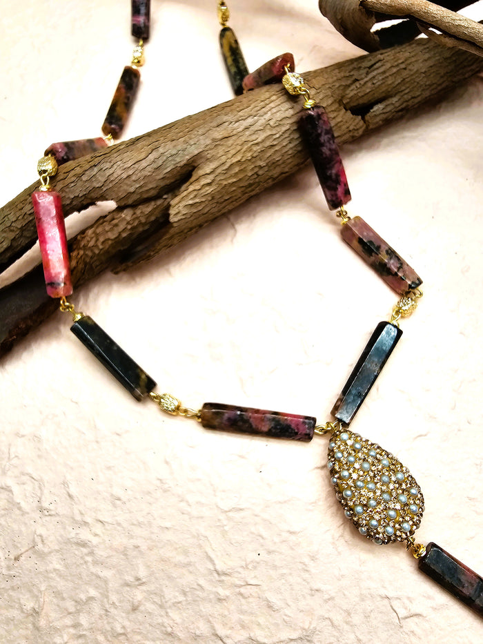 Elegant Y-Shaped Red Rhodonite Necklace with Tassel Accents