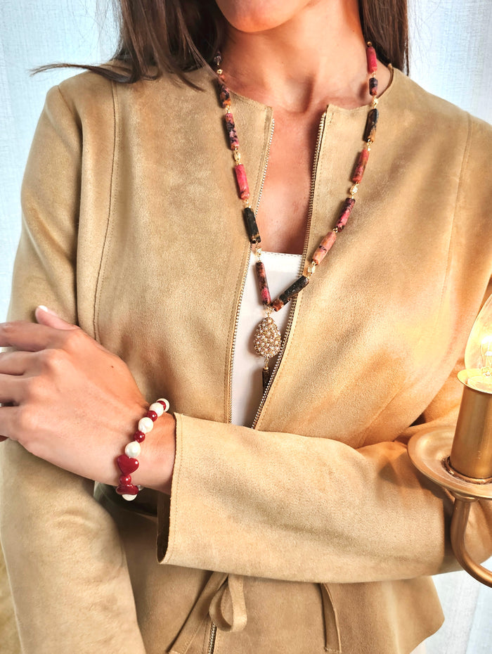 Elegant Y-Shaped Red Rhodonite Necklace with Tassel Accents