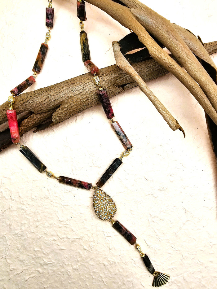 Elegant Y-Shaped Red Rhodonite Necklace with Tassel Accents