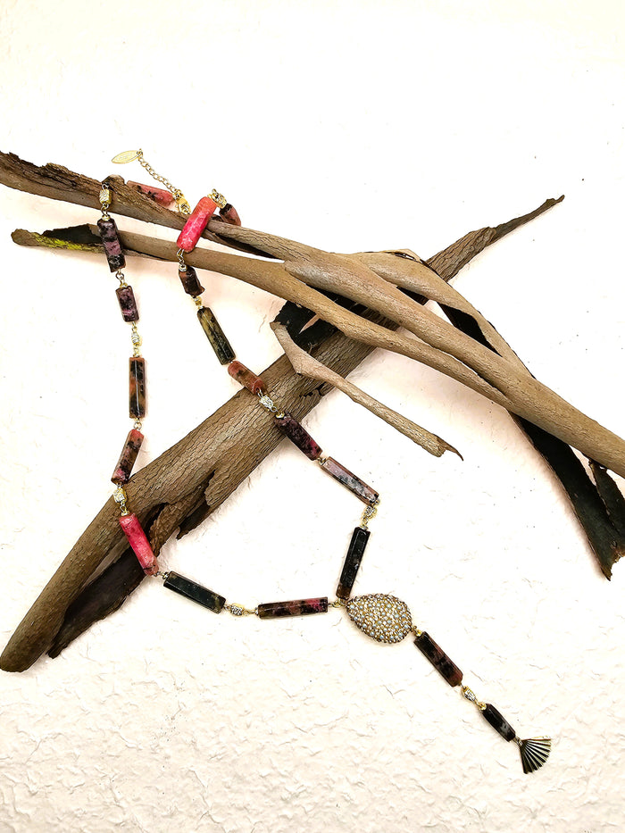 Elegant Y-Shaped Red Rhodonite Necklace with Tassel Accents