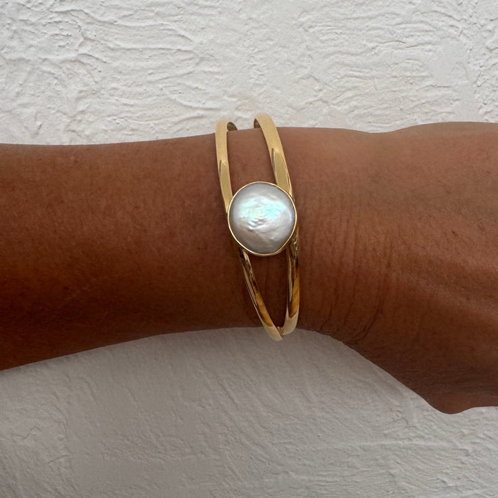 elegant bold pearl cuff in gold vermeil designed in Broome Western Australia