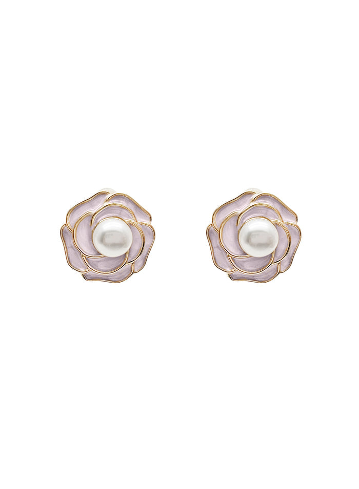 Enamel Flower Stud Earrings With Freshwater Pearl RE021