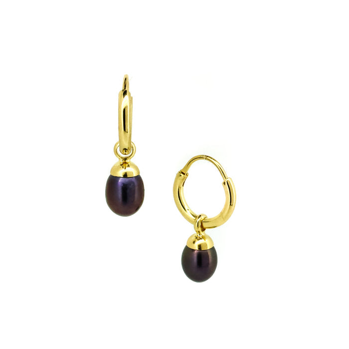 Gold sleeper earrings with dark freshwater pearls designed in Broome Western Australia