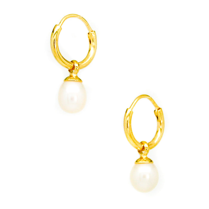 Gold pearl sleeper earrings with 9mm freshwater pearls designed in Broome Western Australia