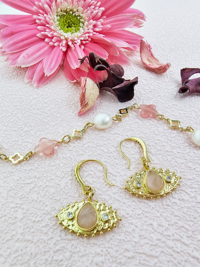 Evil Eye Adorned Rose Quartz Stone Earrings RE015
