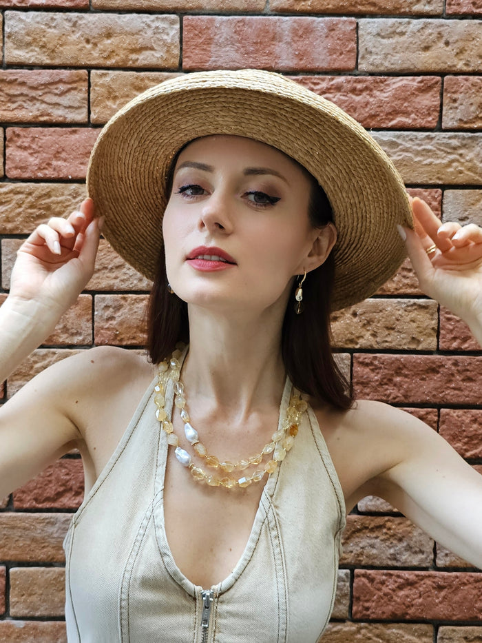 Faceted Citrine With Baroque Pearls Double Layers Necklace PN053