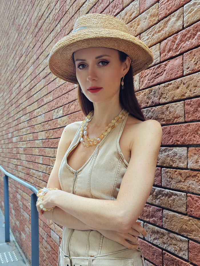 Faceted Citrine With Baroque Pearls Double Layers Necklace PN053