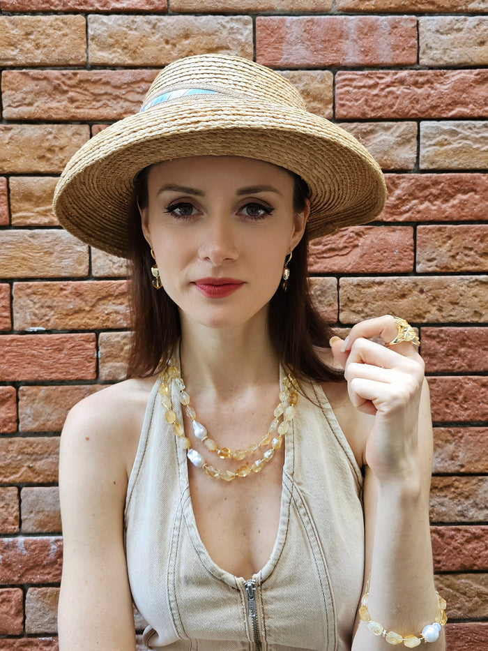 Faceted Citrine With Baroque Pearls Double Layers Necklace PN053