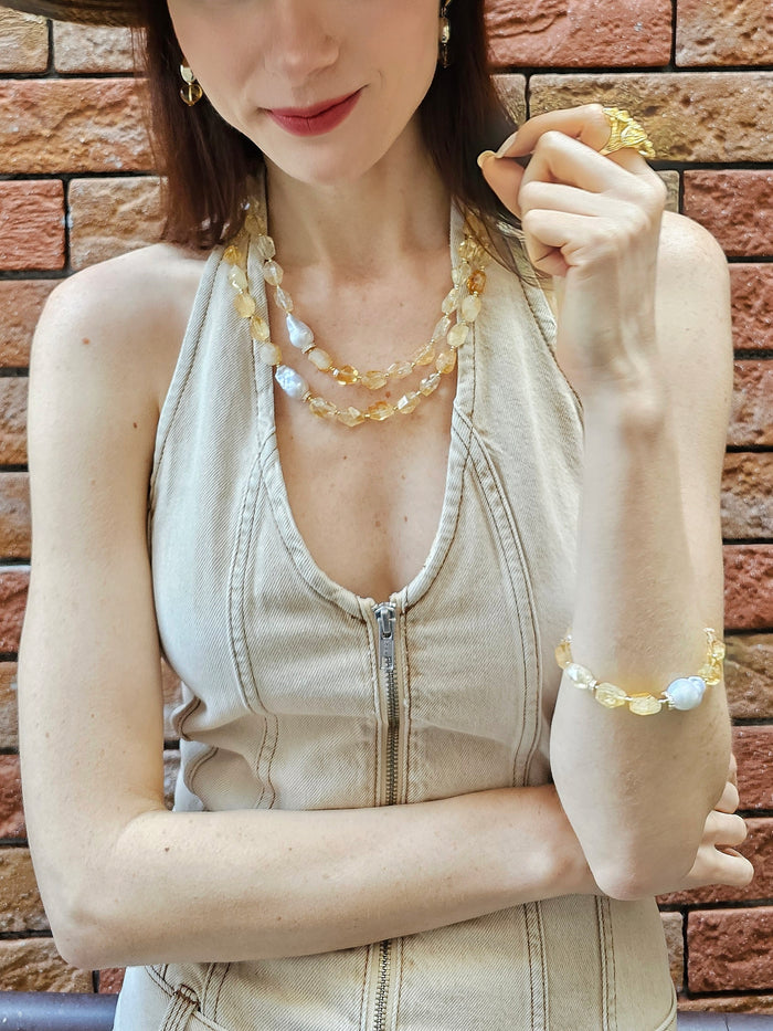 Faceted Citrine With Baroque Pearls Double Layers Necklace PN053