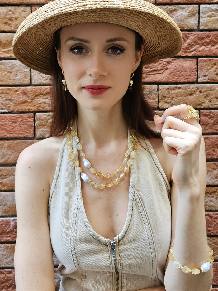 Faceted Citrine With Baroque Pearls Double Layers Necklace PN053
