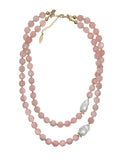 Faceted Rose Quartz With Baroque Pearls Double Layers Necklace PN039