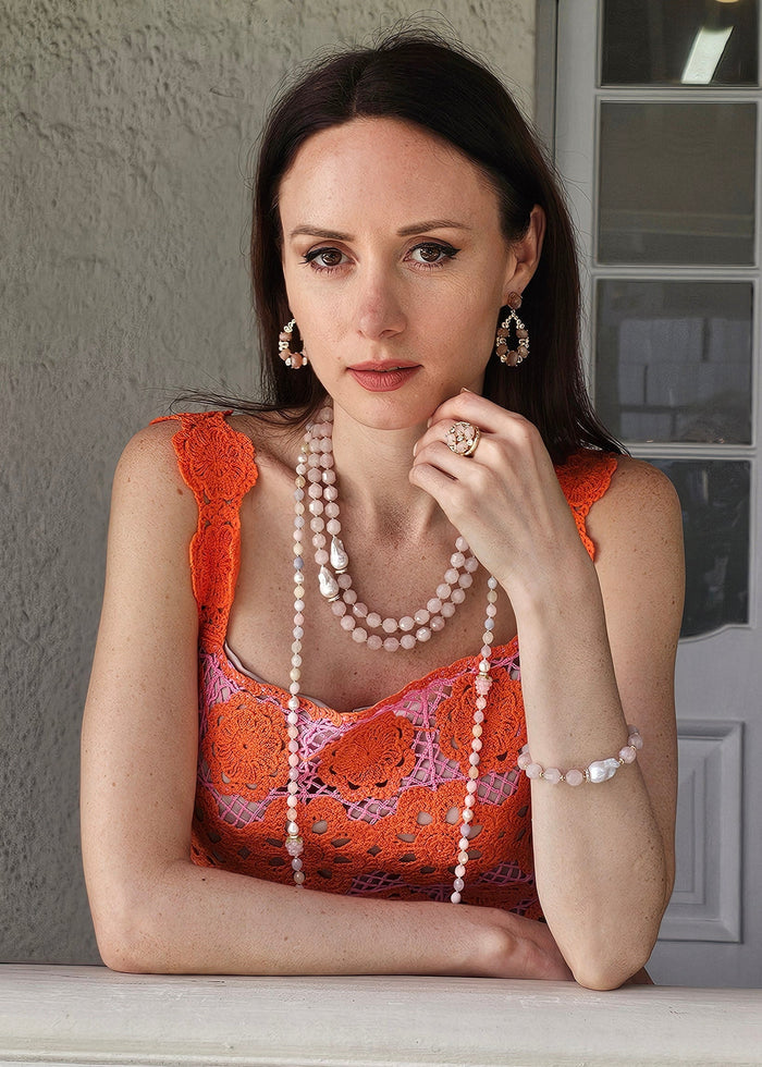 Faceted Rose Quartz With Baroque Pearls Double Layers Necklace PN039