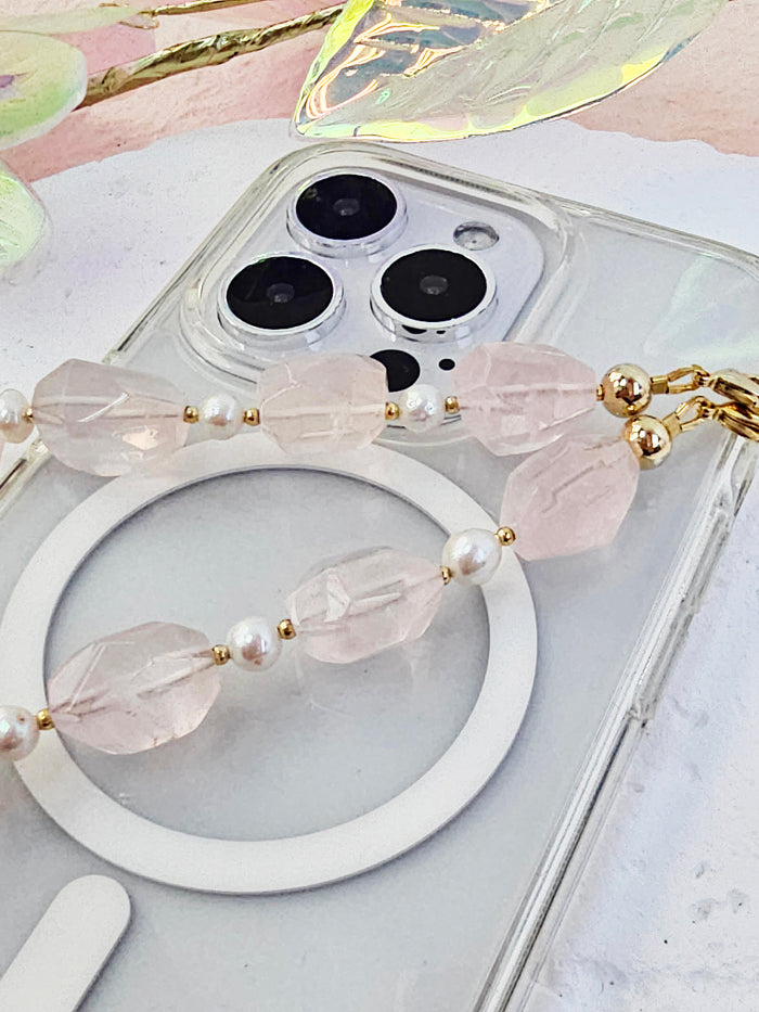 Faceted Rose Quartz With Freshwater Pearls Gemstone Phone Strap PC055