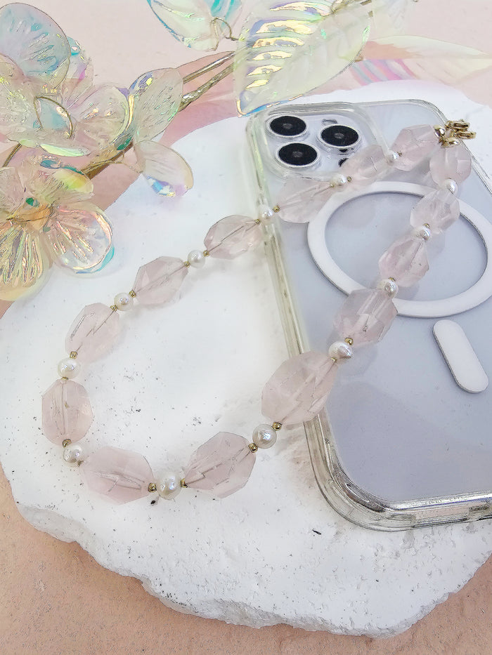 Faceted Rose Quartz With Freshwater Pearls Gemstone Phone Strap PC055