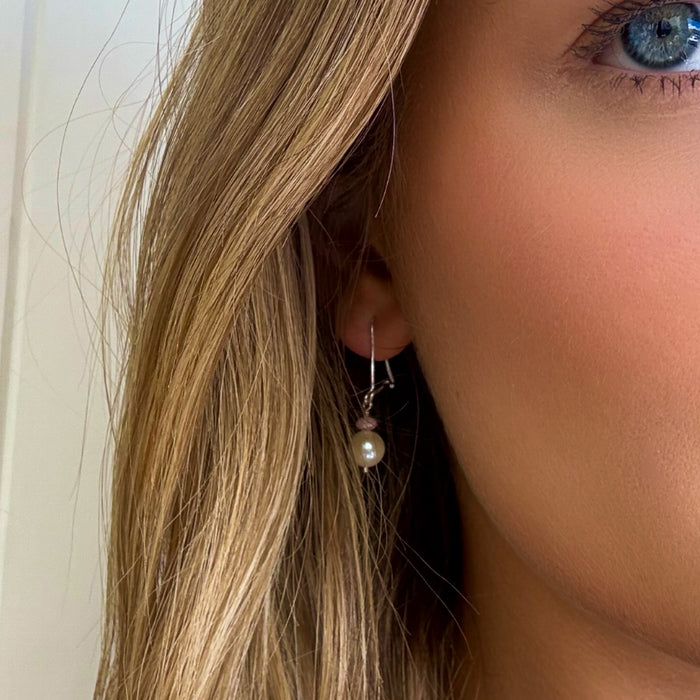 silver hook earrings with pink opal and pearl