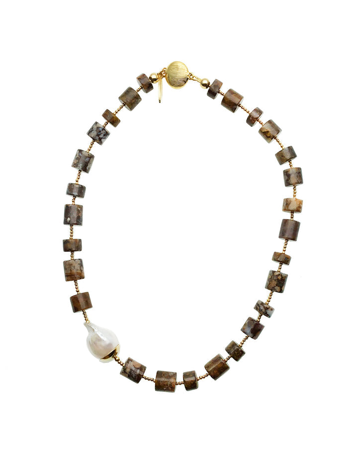 Fire Opal With Baroque Pearl Necklace CN027 - FARRA