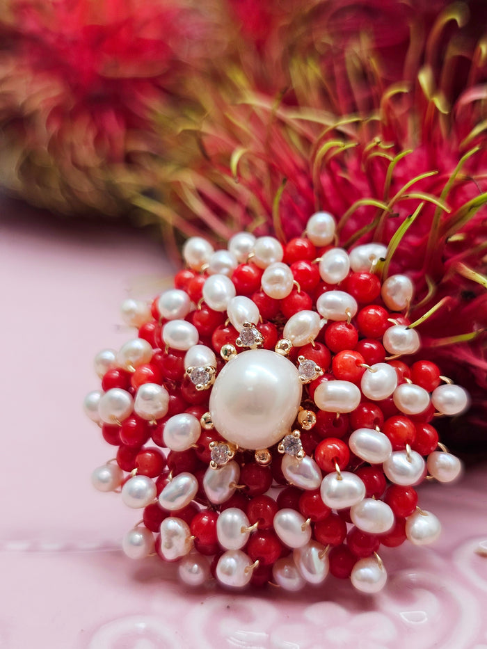 Flower Handcrafted Red Bamboo Coral And Freshwater Pearl Brooch SP001