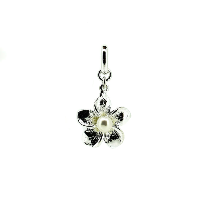 frangipani flower pendant in silver with pearl