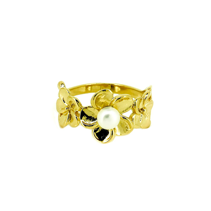 gold frangipani flower ring with pearl