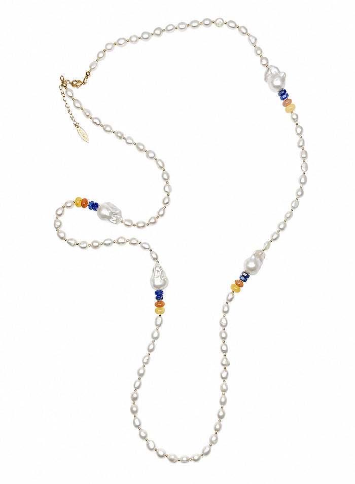 Freshwater Baroque Pearl With Colorful Gemstone Long Necklace SN018