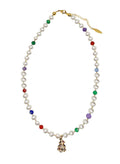 Freshwater Pearl And Colorful Gemstone With Christmas Tree Pendant Necklace SN040
