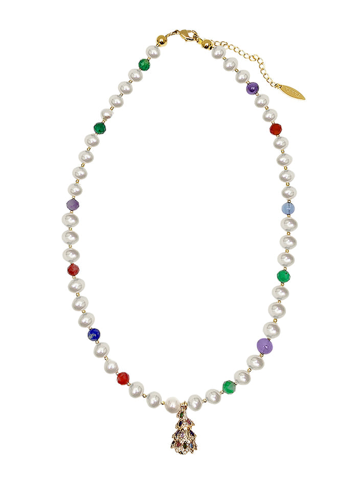 Freshwater Pearl And Colorful Gemstone With Christmas Tree Pendant Necklace SN040