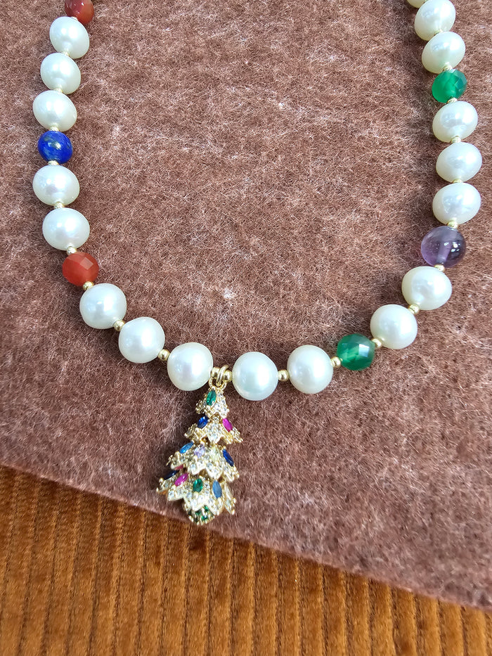 Freshwater Pearl And Colorful Gemstone With Christmas Tree Pendant Necklace SN040