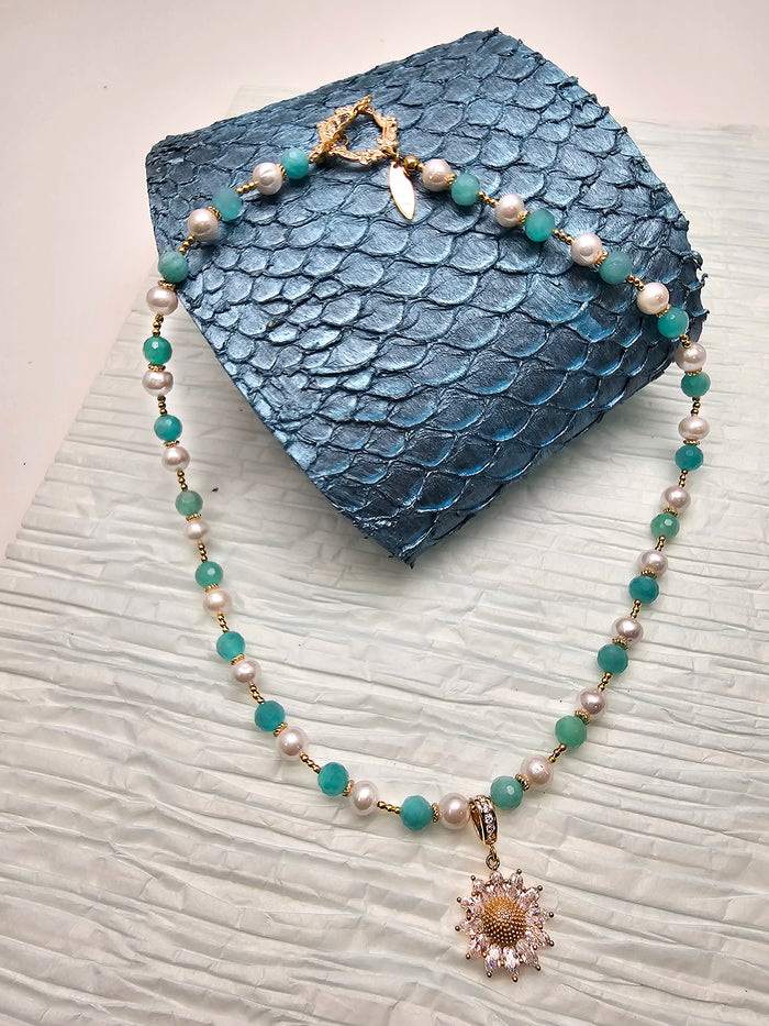 Freshwater Pearl & Green Amazonite Daisy Pendant Necklace RN004