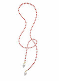 Freshwater Pearl & Red Bamboo Coral Convertible Lariat Necklace with Baroque Pearl Drops SN001