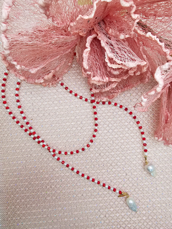 Freshwater Pearl & Red Bamboo Coral Convertible Lariat Necklace with Baroque Pearl Drops SN001