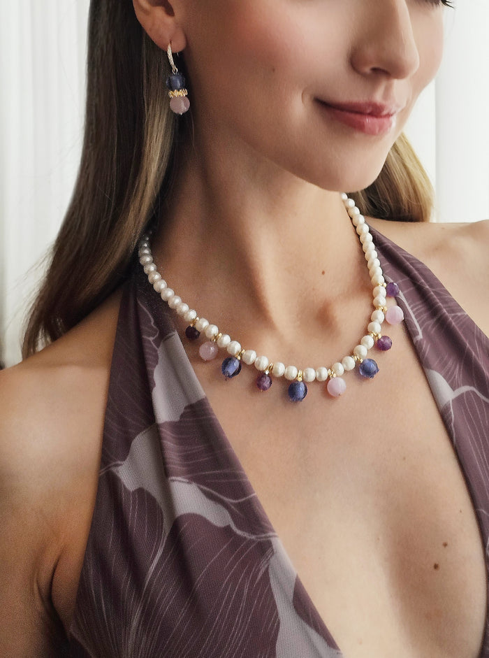 Freshwater Pearl With Blue Berry And Purple Amethyst Drop Necklace RN023