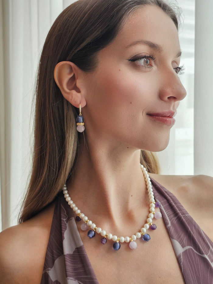 Freshwater Pearl With Blue Berry And Purple Amethyst Drop Necklace RN023