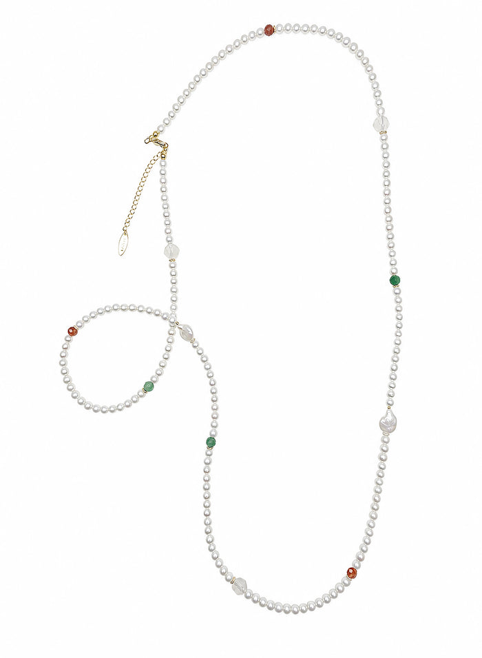 Freshwater Pearl With Green And Red Agate Long Necklace SN037